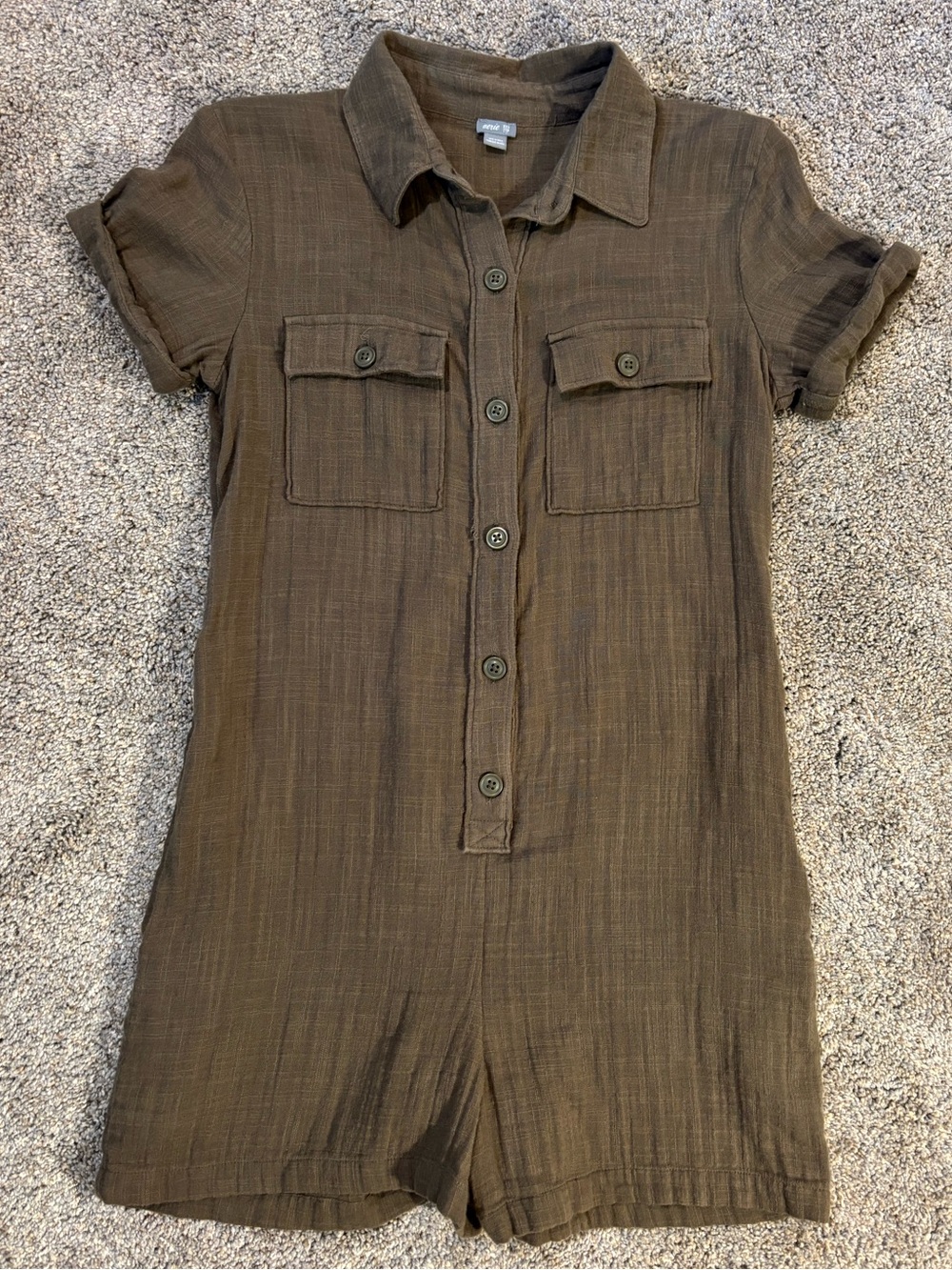 Aerie Softest Utility Olive Green Cotton Gauze Short Sleeve Romper Jumpsuit XXS